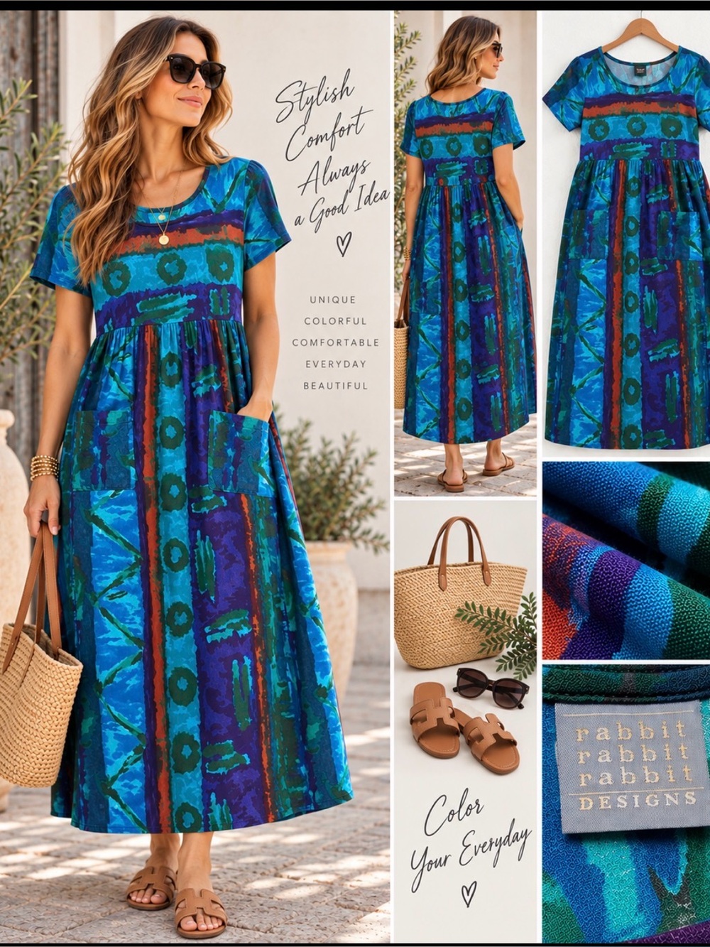 🔥CHIC BOHO VINTAGE MAXI Dress Sz M Vibrant Rabbit Rabbit PriceFirm